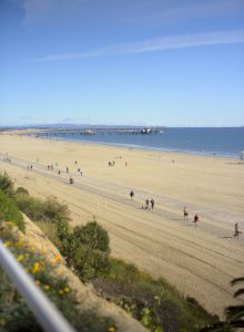 A sandy beach with people walking along the shore and a pier stretching into the blue ocean under a clear sky.